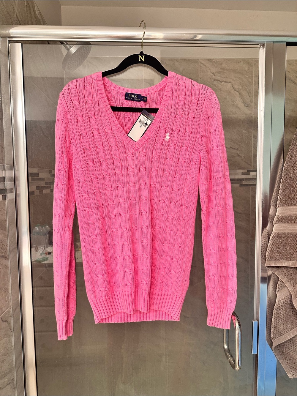 Polo by Ralph Lauren Bright Pink Cable-Knit V-Neck Sweater. New with tags.